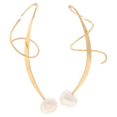 Yellow Gold Cultured Freshwater Pearl Spiral Threader Drop Earrings -14k Pierced