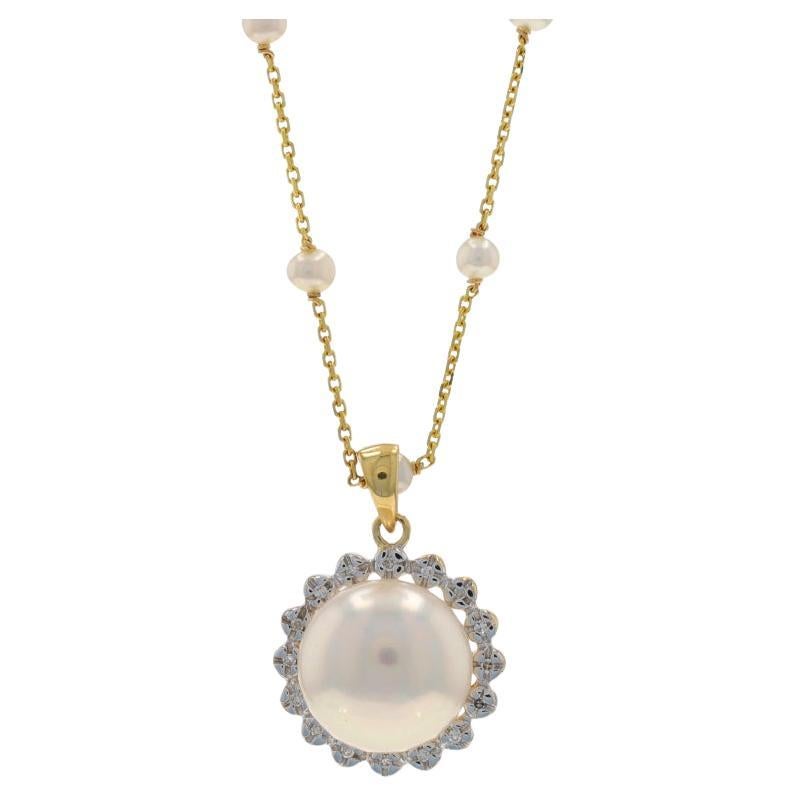 Collier en or jaune avec perles de culture d'eau douce et pendentifs 14k Floral