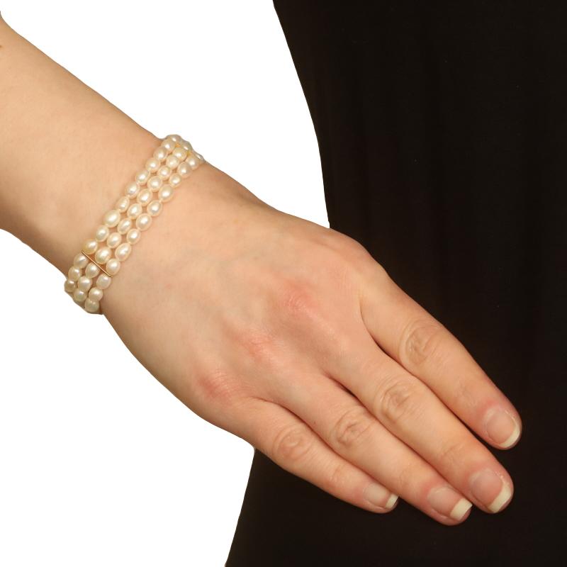 Bead Yellow Gold Cultured Freshwater Pearl Triple Strand Bracelet 6 3/4