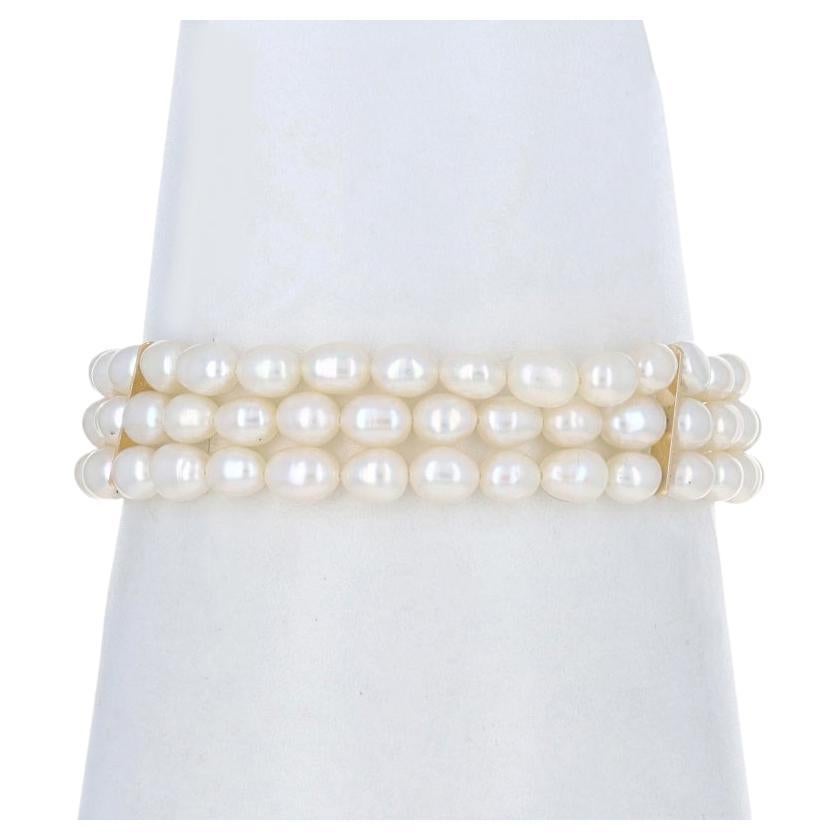 Yellow Gold Cultured Freshwater Pearl Triple Strand Bracelet 6 3/4" 14k Filigree