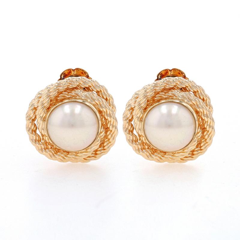Metal Content: 14k Yellow Gold

Stone Information
Cultured Half Pearls
Size: 7.6mm

Style: Large Stud
Fastening Type: Non-Pierced Screw-On Closures
Theme: Nautical Rope Knot
Features: Smoothly Finished with Rope-Textured
