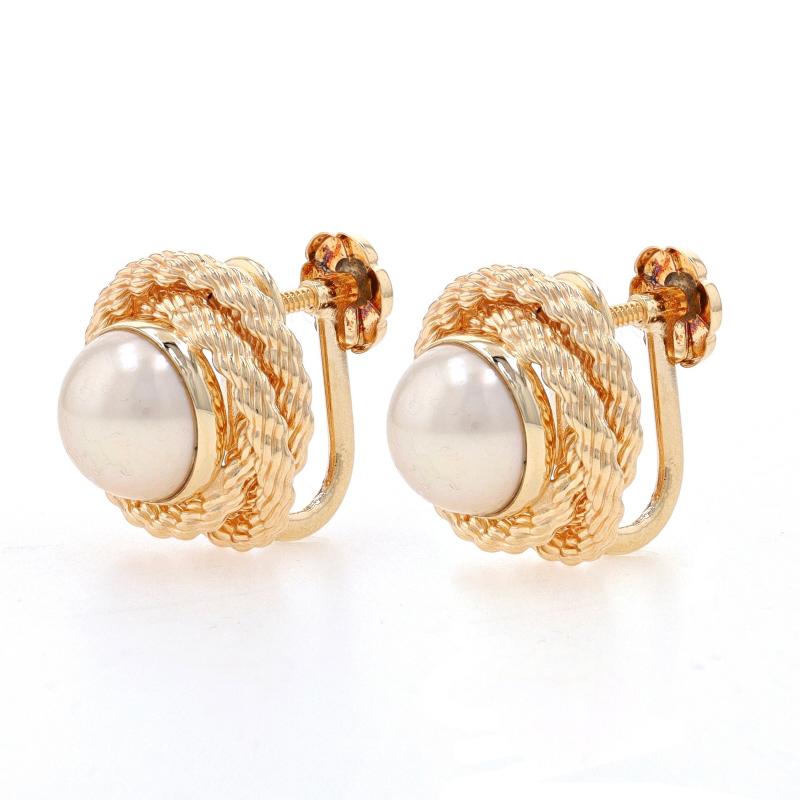 Bead Yellow Gold Cultured Half Pearl Large Stud Earrings 14k Rope Knot Non-Pierced For Sale