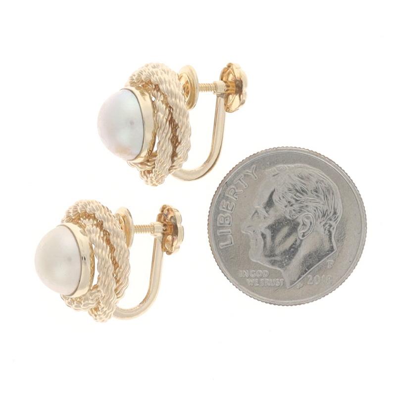Yellow Gold Cultured Half Pearl Large Stud Earrings 14k Rope Knot Non-Pierced In Excellent Condition For Sale In Greensboro, NC