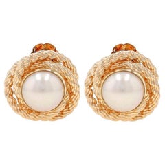Yellow Gold Cultured Half Pearl Large Stud Earrings 14k Rope Knot Non-Pierced