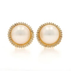 Yellow Gold Cultured Mabe Pearl Diamond Halo Stud Earrings 14k Rd .72ctw Pierced