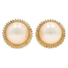 Yellow Gold Cultured Mabe Pearl Diamond Halo Stud Earrings 14k Rd .72ctw Pierced