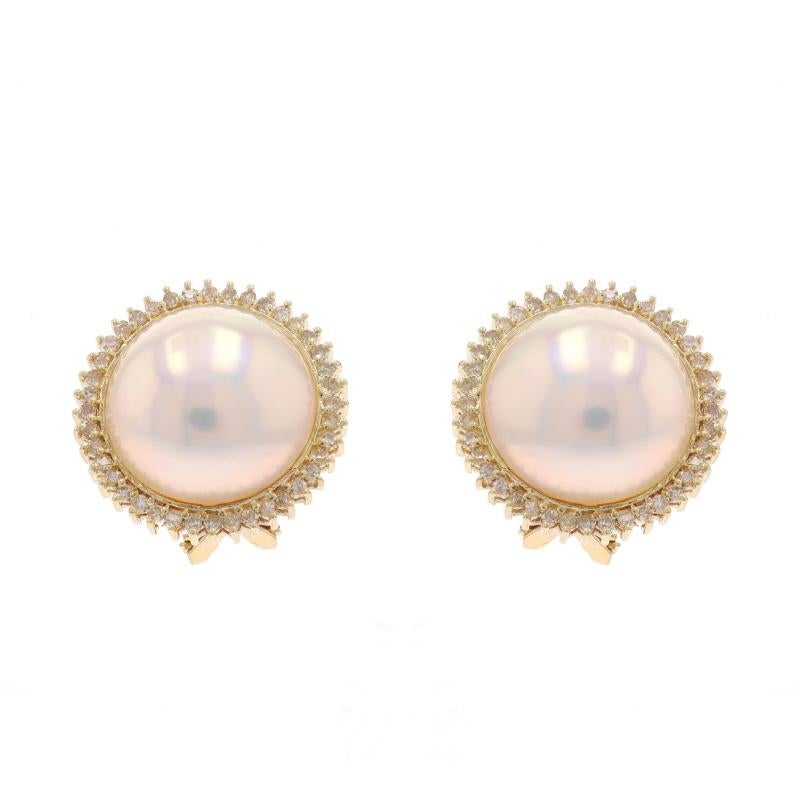 Metal Content: 14k Yellow Gold

Stone Information

Cultured Mabe Pearls
Size: 14.7mm

Natural Diamonds
Carat(s): .80ctw
Cut: Single
Color: H - I
Clarity: VS1 - VS2

Total Carats: .80ctw

Style: Large Stud
Fastening Type: Omega