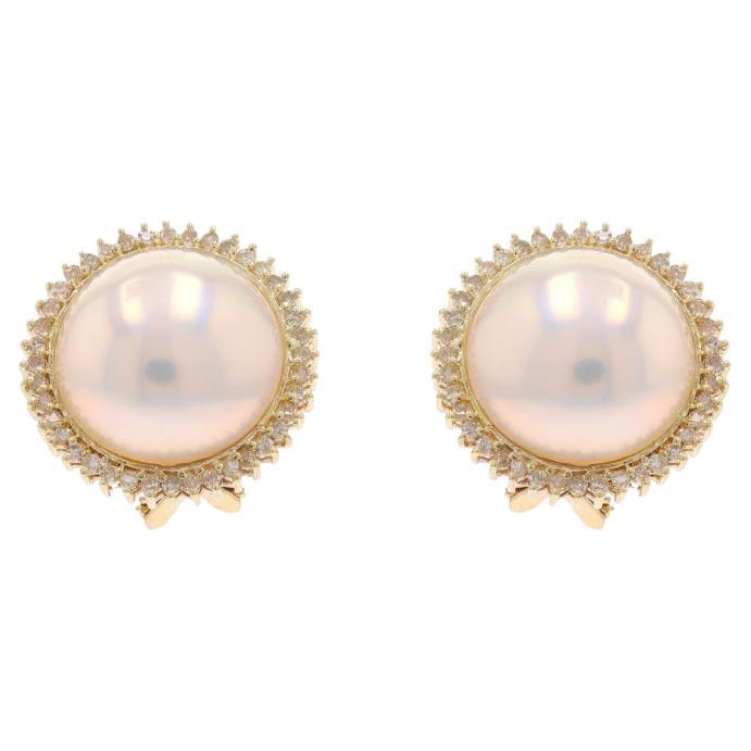 Yellow Gold Cultured Mabe Pearl & Diamond Large Stud Earrings 14k .80ctw Pierced For Sale