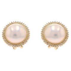 Vintage Yellow Gold Cultured Mabe Pearl & Diamond Large Stud Earrings 14k .80ctw Pierced