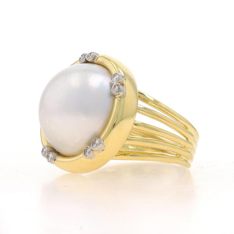 Round Cut Yellow Gold Cultured Mabe Pearl & Diamond Ring - 18k .12ctw For Sale