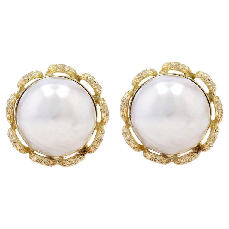 Yellow Gold Cultured Mabe Pearl Large Stud Earrings - 14k Floral Scallop Pierced