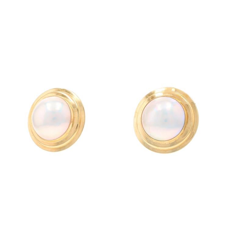 Bead Yellow Gold Cultured Mabe Pearl Large Stud Earrings - 14k Pierced For Sale