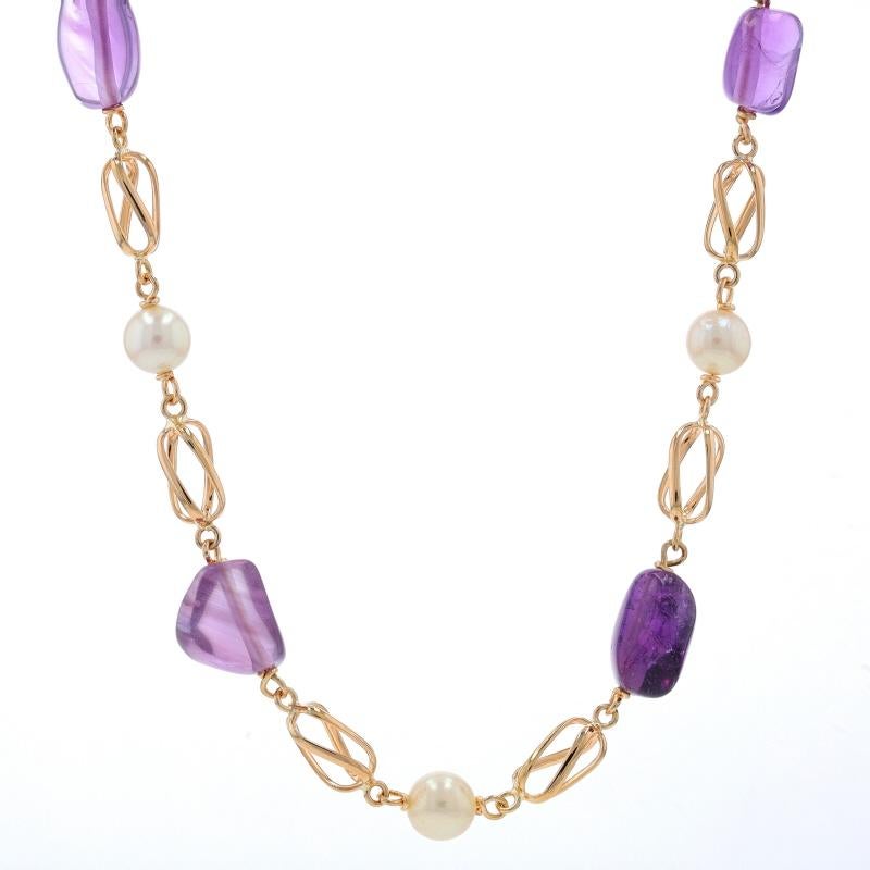 Metal Content: 18k Yellow Gold

Stone Information
Cultured Pearls
Size: 6mm - 6.5mm

Natural Amethysts
Cut: Tumbled Beads
Color: Purple

Style: Link
Fastening Type: Hook Clasp with One Safety Clasp

Measurements
Length: 24 1/4