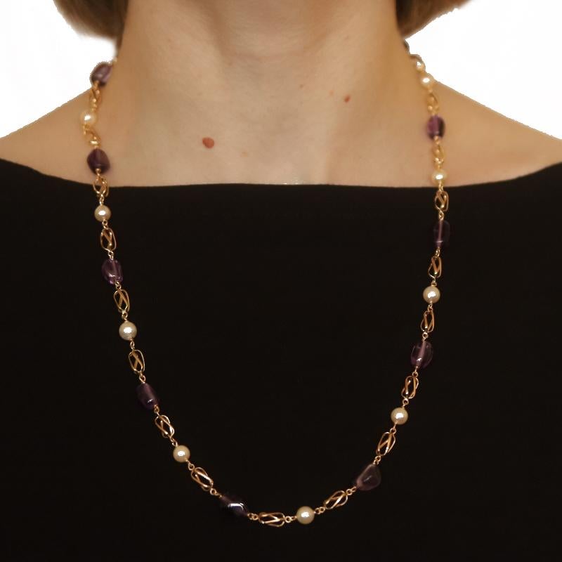 Bead Yellow Gold Cultured Pearl & Amethyst Link Necklace 24 1/4