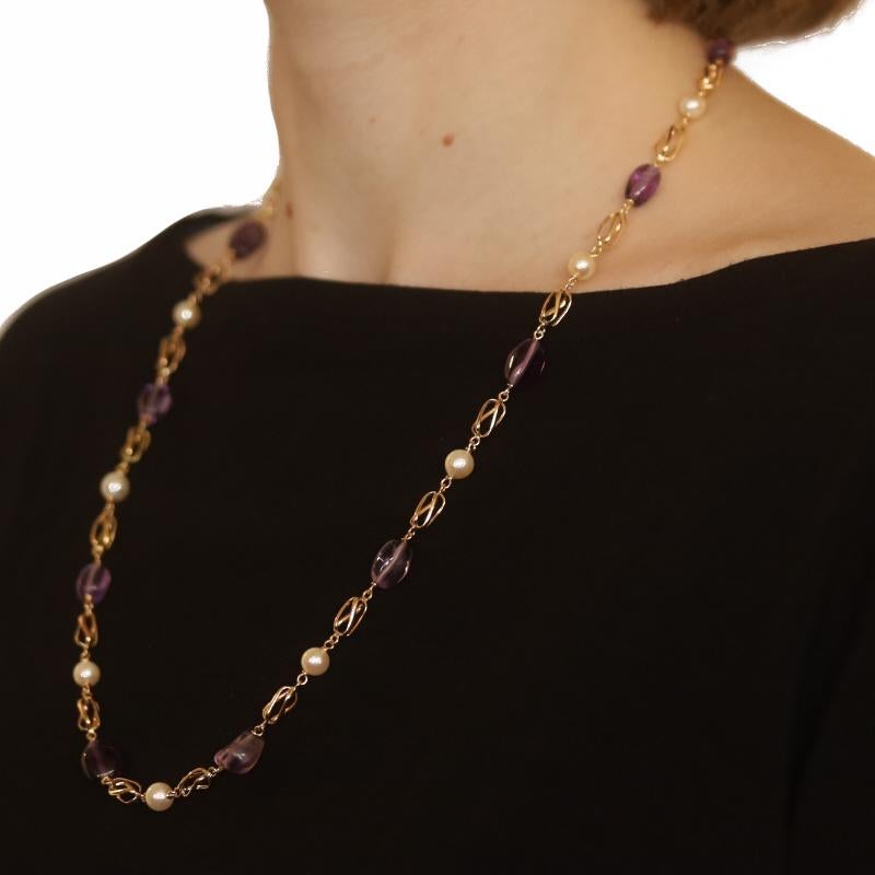 Yellow Gold Cultured Pearl & Amethyst Link Necklace 24 1/4