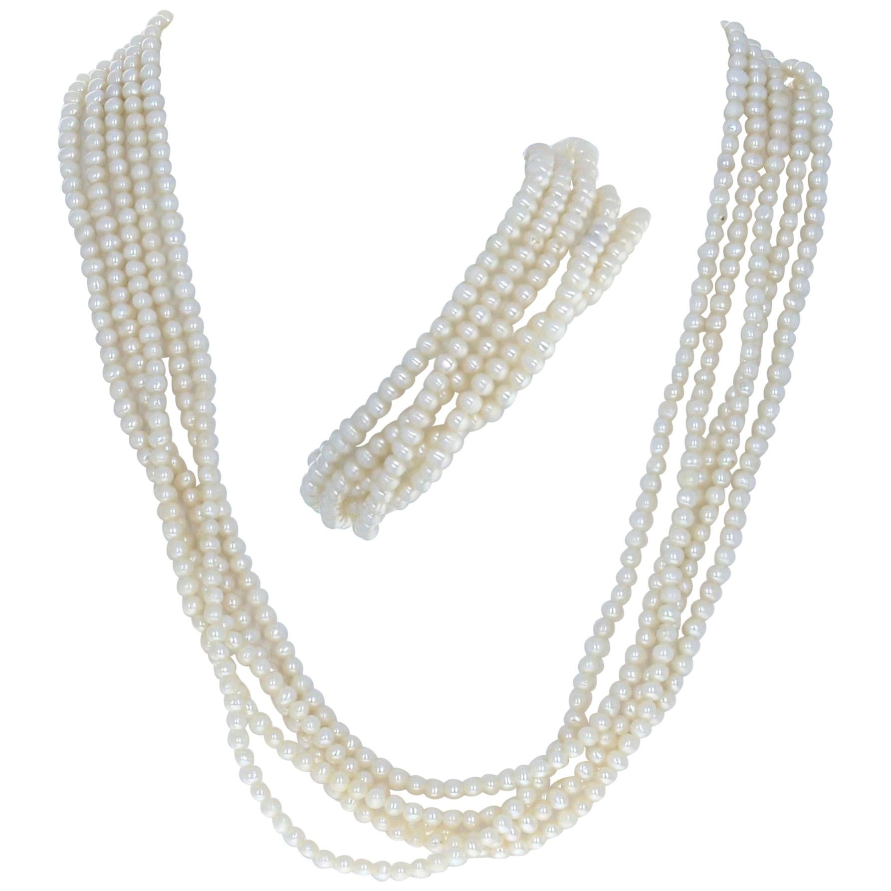 Yellow Gold Cultured Pearl Bracelet and Necklace Set, 14k Five-Strand Toggle