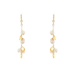 Yellow Gold Cultured Pearl Citrine Dangle Earrings - 14k Pierced