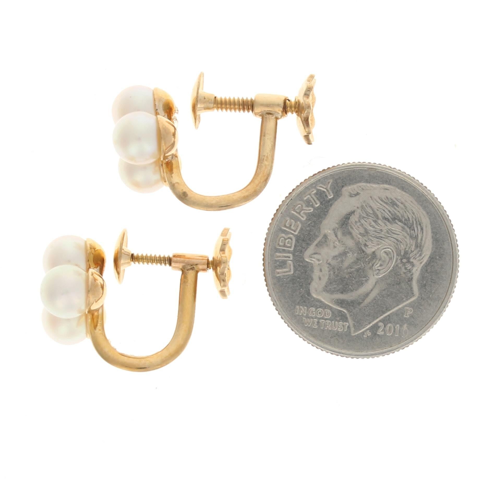Bead Yellow Gold Cultured Pearl Cluster Stud Earrings, 10k Non-Pierced Screw-On