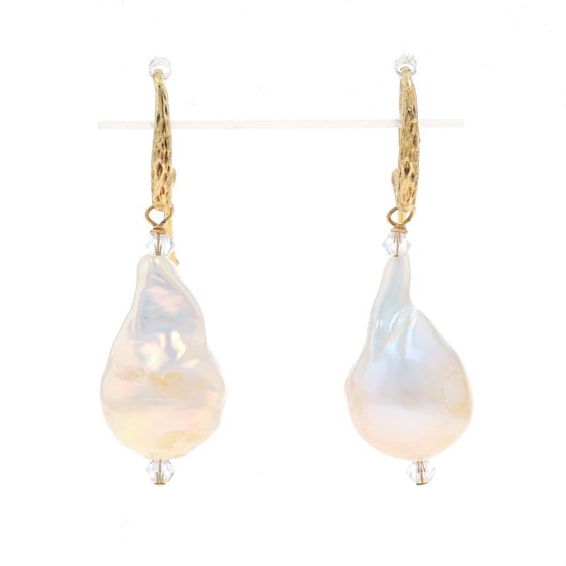 Metal Content: 14k Yellow Gold

Stone Information
Cultured Pearls
Color: White

Crystals
Color: Clear

Style: Dangle
Fastening Type: Fishhook Closures

Measurements
Tall: 1 21/32