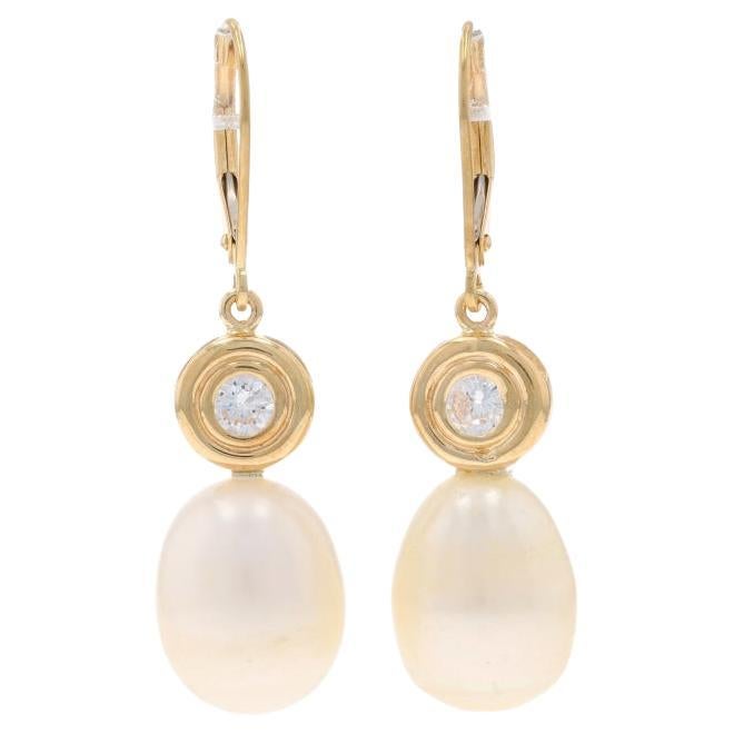 Yellow Gold Cultured Pearl Cubic Zirconia Dangle Earrings 10k 14k .33ctw Pierced