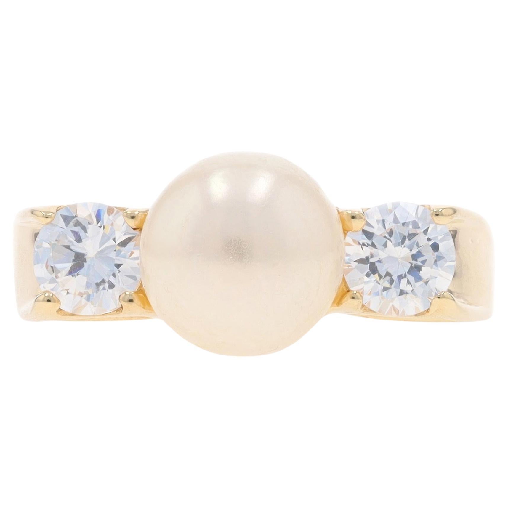 Yellow Gold Cultured Pearl & Cubic Zirconia Ring - 14k 1.00ctw For Sale