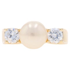 Yellow Gold Cultured Pearl & Cubic Zirconia Ring - 14k 1.00ctw
