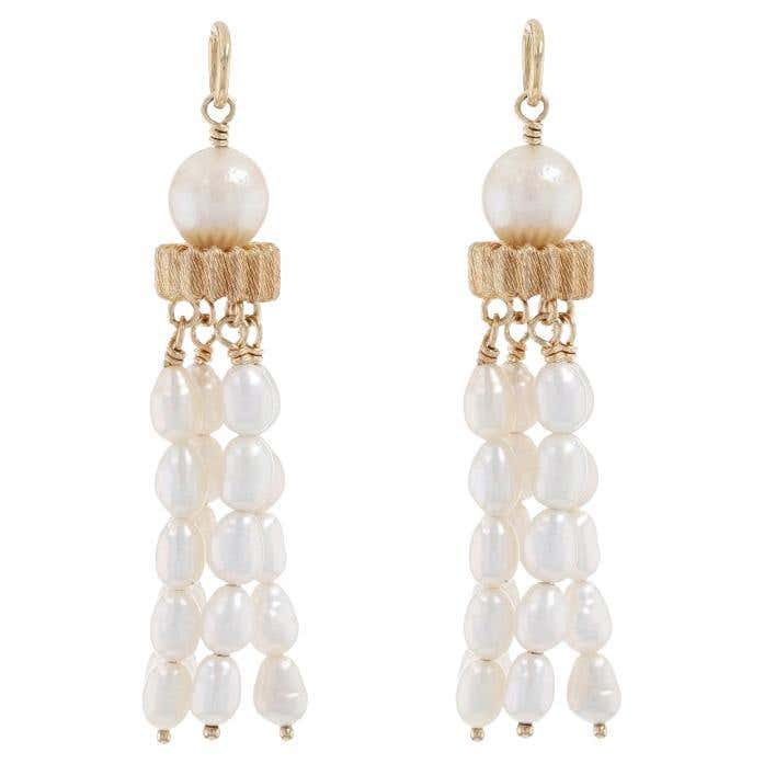 14K Yellow Gold Dangle Pearl Earrings #14613 For Sale at 1stDibs