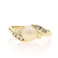 Yellow Gold Cultured Pearl & Diamond Bypass Ring - 14k .15ctw