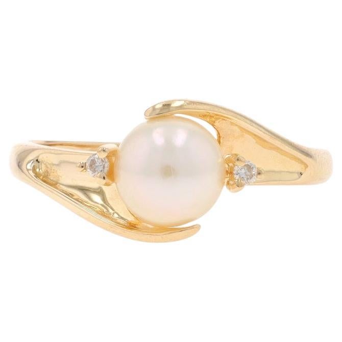 Yellow Gold Cultured Pearl & Diamond Bypass Ring - 14k