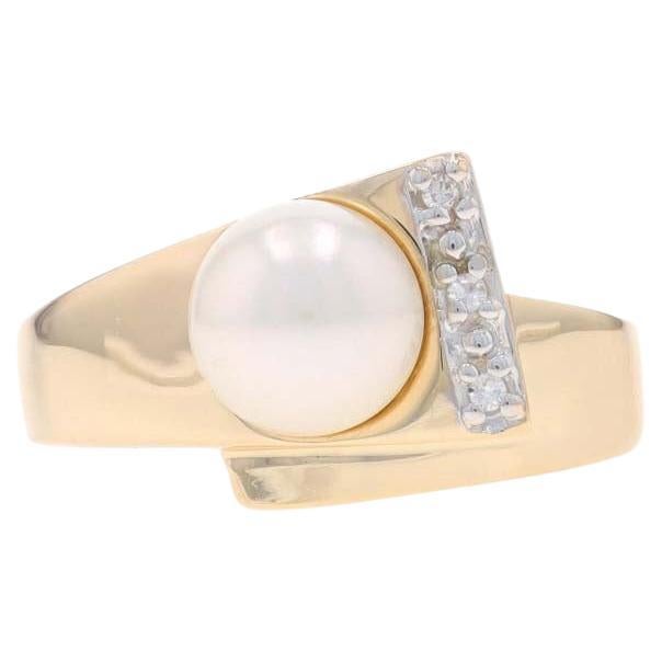 Yellow Gold Cultured Pearl Diamond Bypass Ring - 14k For Sale