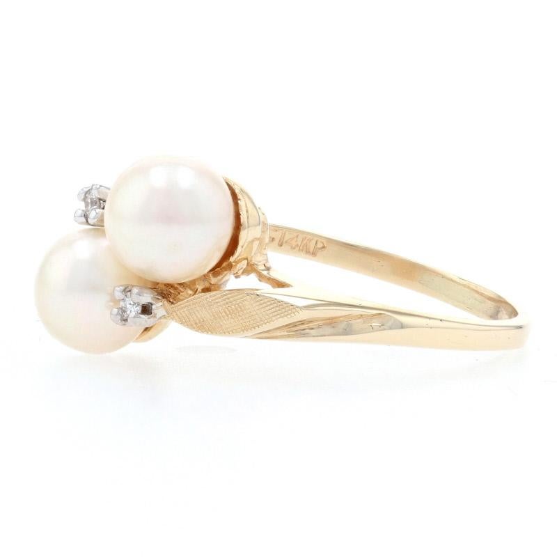 Uncut Yellow Gold Cultured Pearl & Diamond Bypass Ring, 14k Leaf Design