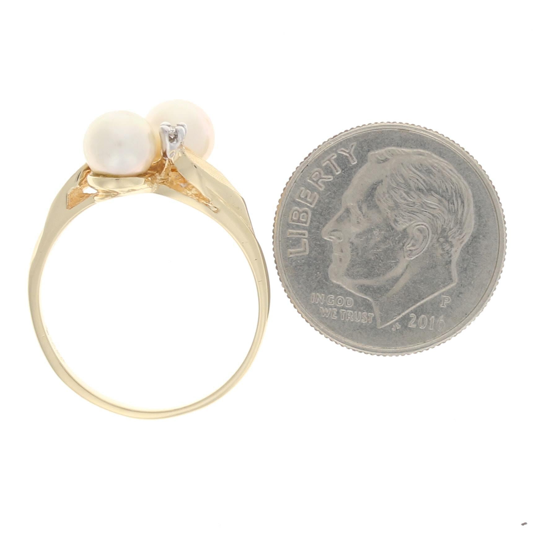 Women's or Men's Yellow Gold Cultured Pearl & Diamond Bypass Ring, 14k Leaf Design