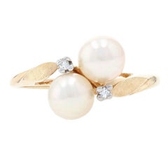 Yellow Gold Cultured Pearl & Diamond Bypass Ring, 14k Leaf Design
