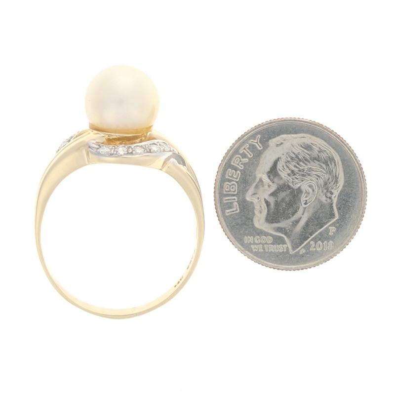Women's Yellow Gold Cultured Pearl & Diamond Bypass Ring - 14k Round .18ctw 8.7mm For Sale