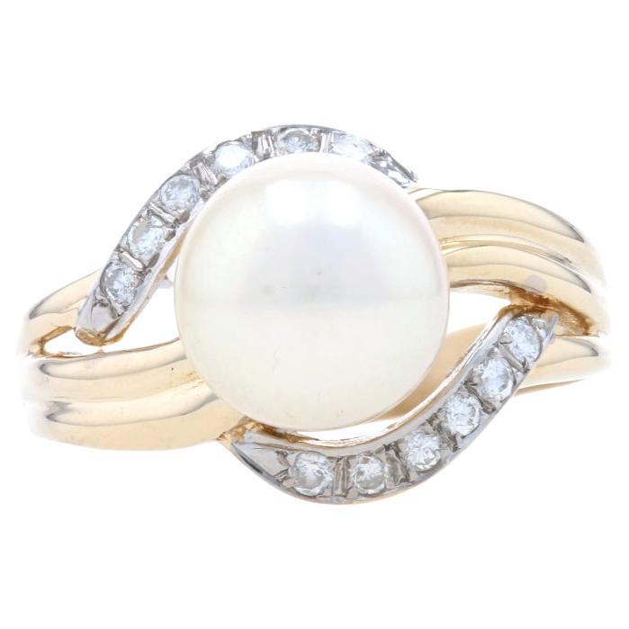 Yellow Gold Cultured Pearl & Diamond Bypass Ring - 14k Round .18ctw 8.7mm For Sale