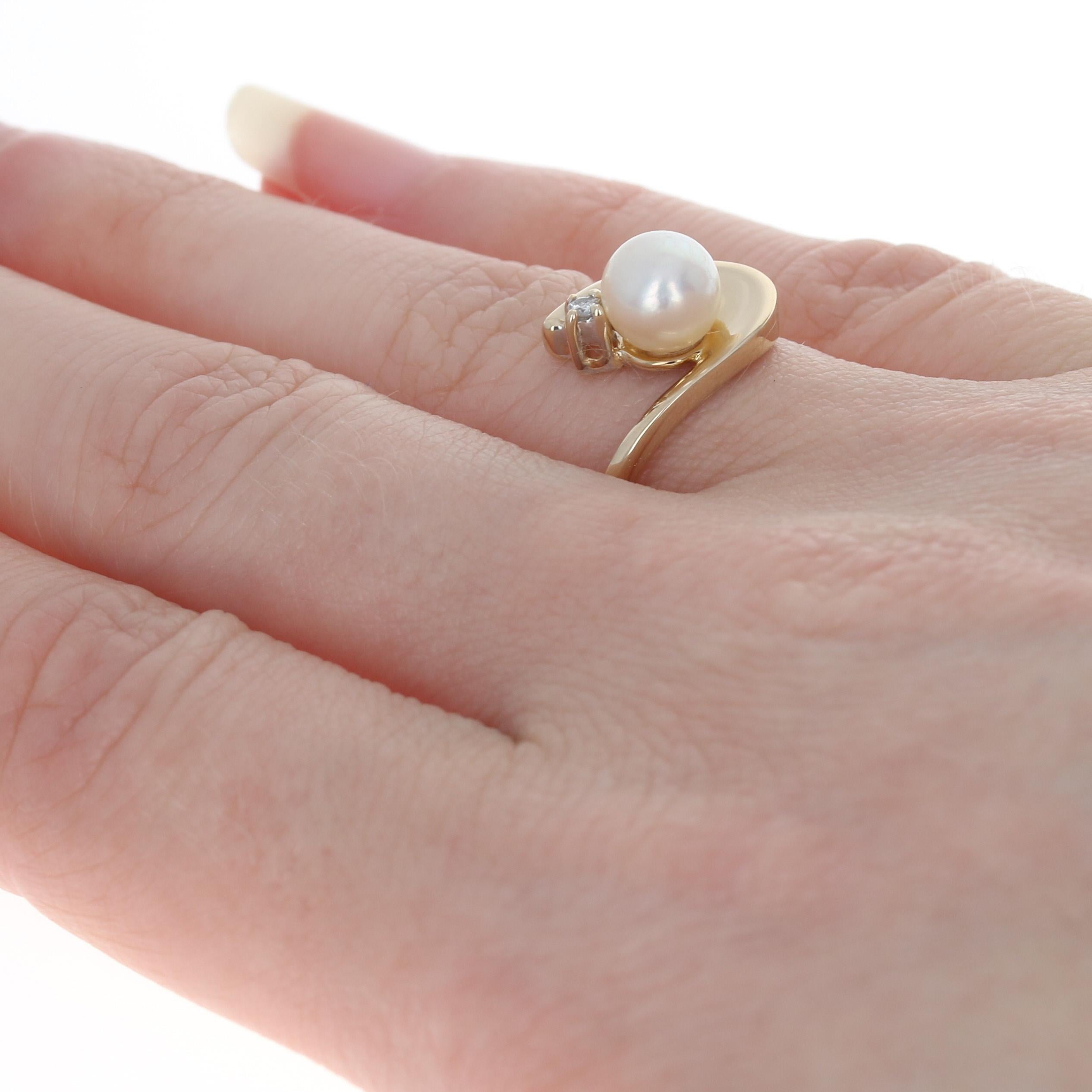 Yellow Gold Cultured Pearl & Diamond Bypass Ring - 14k Round In Excellent Condition In Greensboro, NC