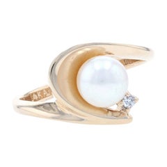 Yellow Gold Cultured Pearl & Diamond Bypass Ring - 14k Round