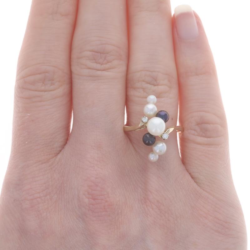Bead Yellow Gold Cultured Pearl Diamond Cluster Bypass Ring - 14k Cathedral For Sale