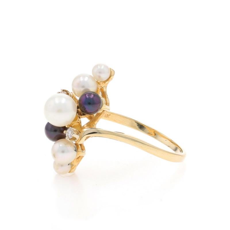 Yellow Gold Cultured Pearl Diamond Cluster Bypass Ring - 14k Cathedral In Excellent Condition For Sale In Greensboro, NC