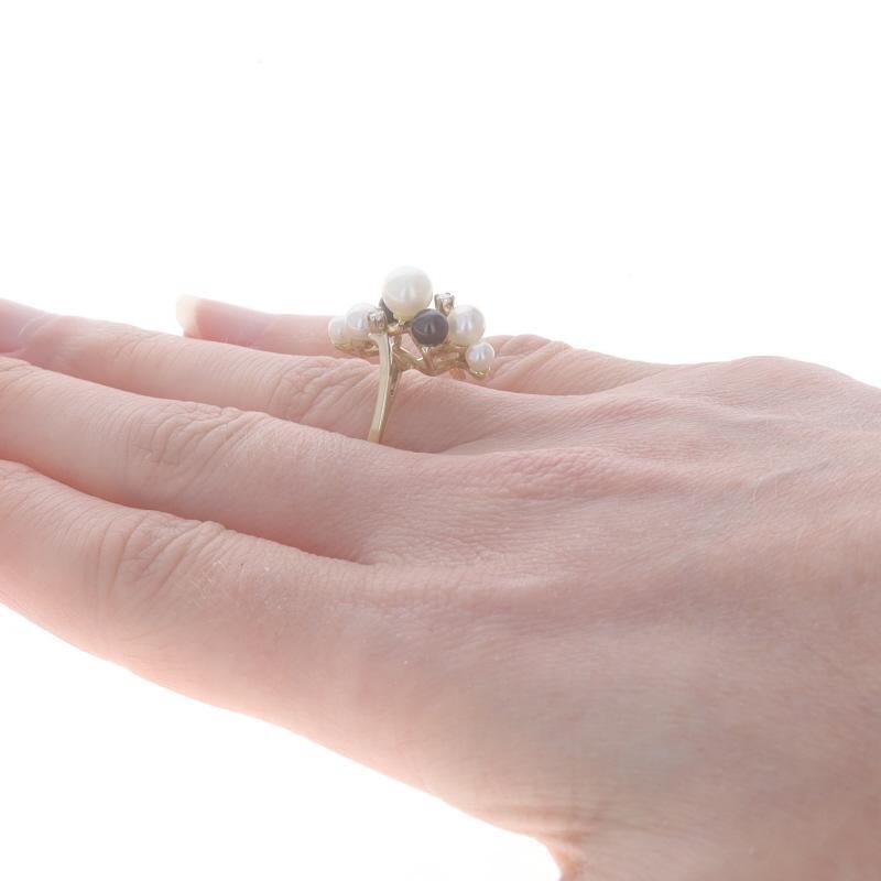 Women's Yellow Gold Cultured Pearl Diamond Cluster Bypass Ring - 14k Cathedral For Sale
