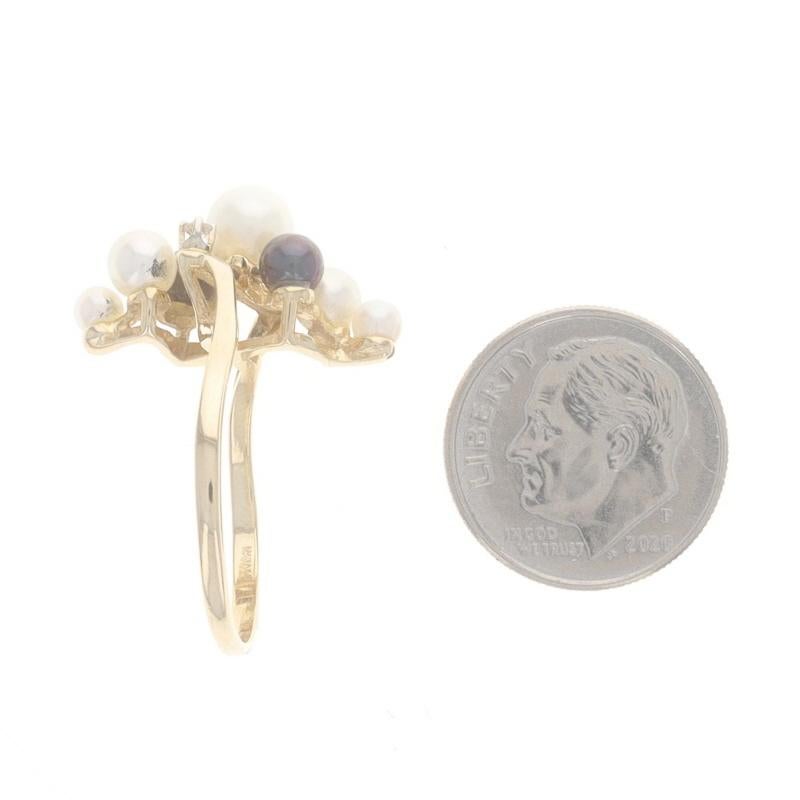 Yellow Gold Cultured Pearl Diamond Cluster Bypass Ring - 14k Cathedral For Sale 1