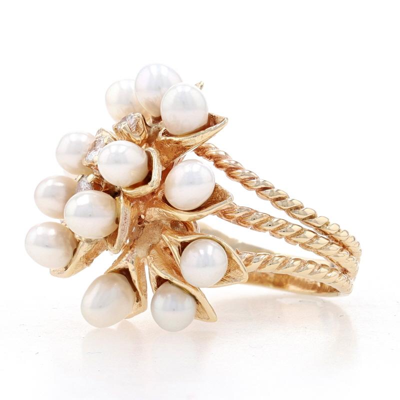 Round Cut Yellow Gold Cultured Pearl & Diamond Cluster Cocktail Ring - 14k .22ctw Floral For Sale