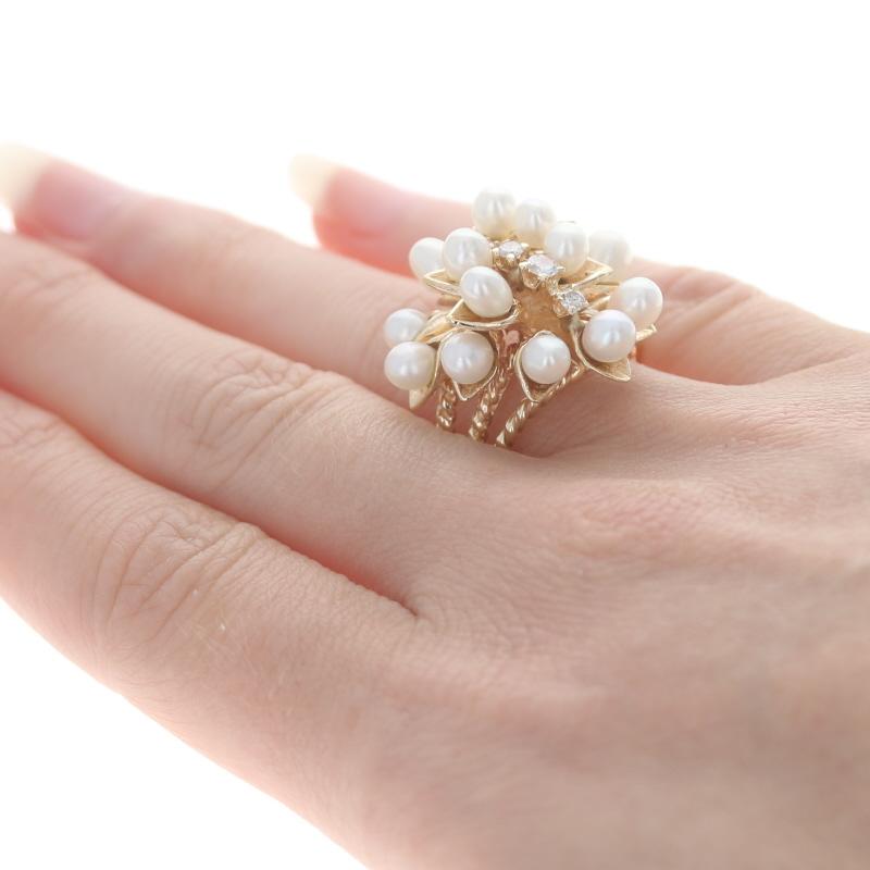Yellow Gold Cultured Pearl & Diamond Cluster Cocktail Ring - 14k .22ctw Floral In Good Condition For Sale In Greensboro, NC