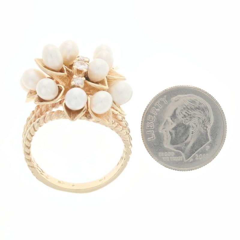 Women's Yellow Gold Cultured Pearl & Diamond Cluster Cocktail Ring - 14k .22ctw Floral For Sale