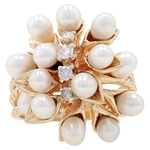 Yellow Gold Cultured Pearl & Diamond Cluster Cocktail Ring - 14k .22ctw Floral For Sale