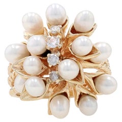 Vintage Yellow Gold Cultured Pearl & Diamond Cluster Cocktail Ring - 14k .22ctw Floral