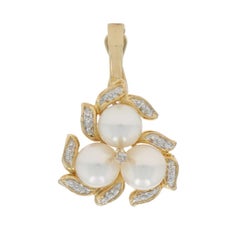 Yellow Gold Cultured Pearl Diamond Cluster Enhancer Pendant - 14k Beads Leaves