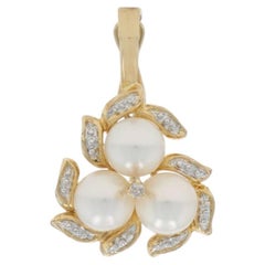 Yellow Gold Cultured Pearl Diamond Cluster Enhancer Pendant - 14k Beads Leaves