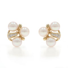 Yellow Gold Cultured Pearl Diamond Cluster Stud Earrings - 14k Bead Pierced