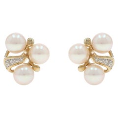 Yellow Gold Cultured Pearl Diamond Cluster Stud Earrings - 14k Bead Pierced